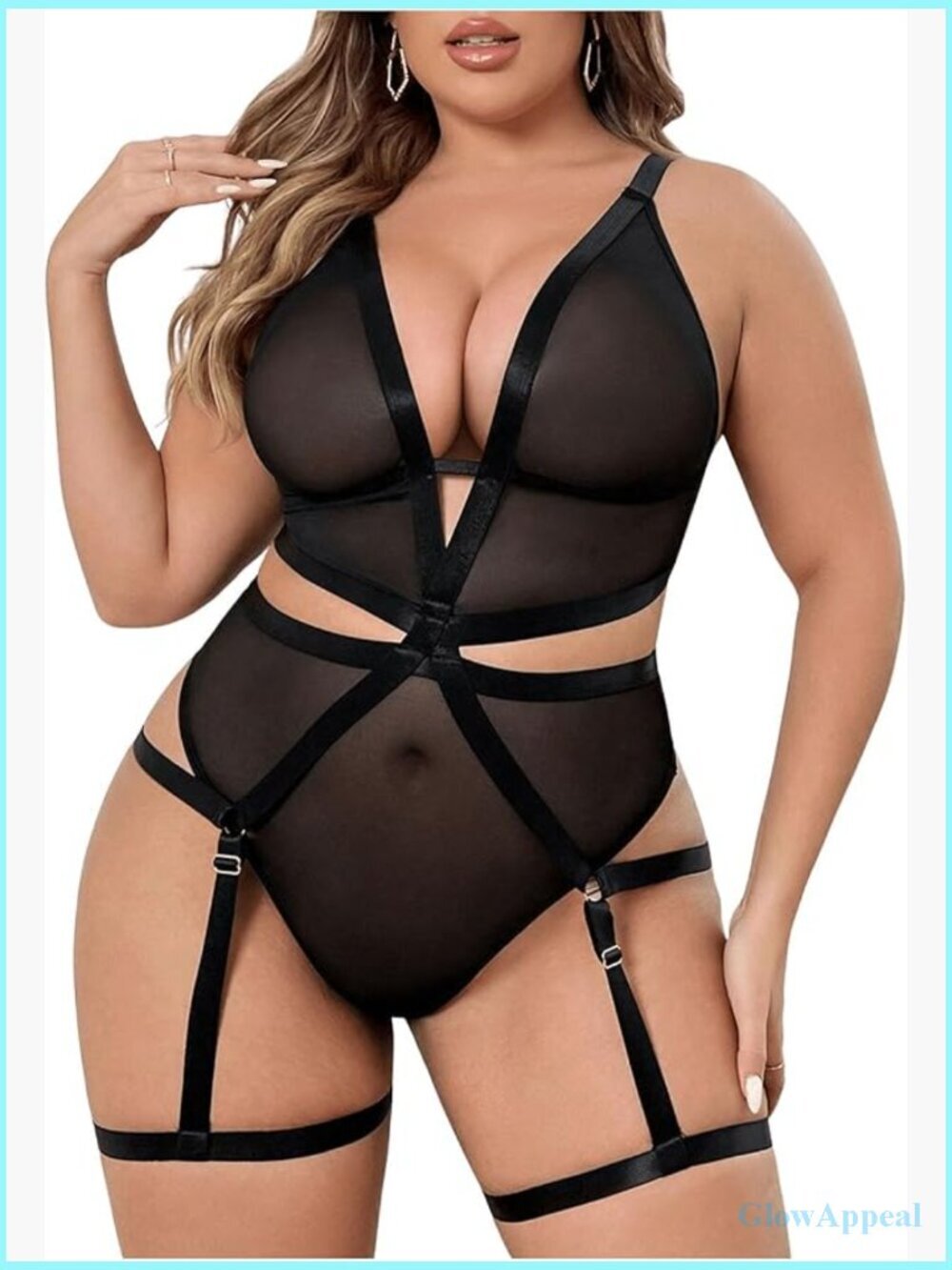 Plus Size Sheer Mesh Teddy Bodysuit Lingerie Deep V Backless Babydoll
